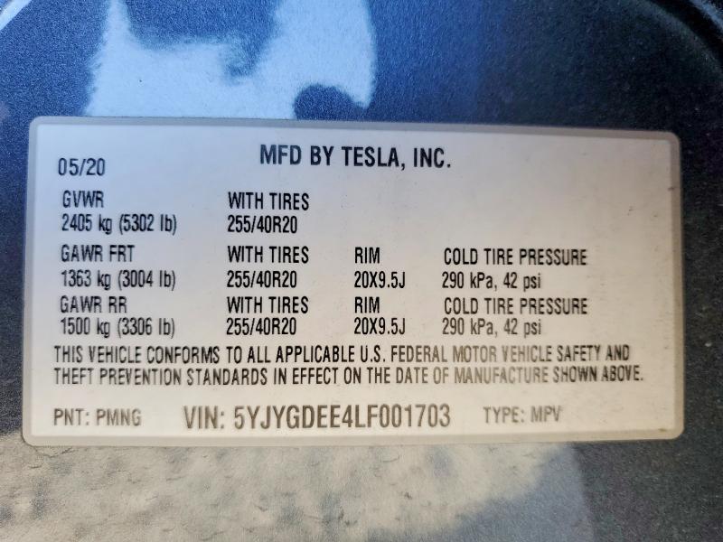 Продажа на аукционе авто 2020 Tesla Model Y, vin: 5YJYGDEE4LF001703, номер лота: 78999135