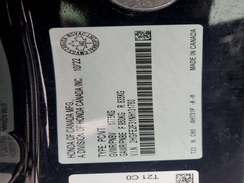 78324575 :رقم المزاد ، 2HGFE2F31NH131760 vin ، 2022 Honda Civic مزاد بيع