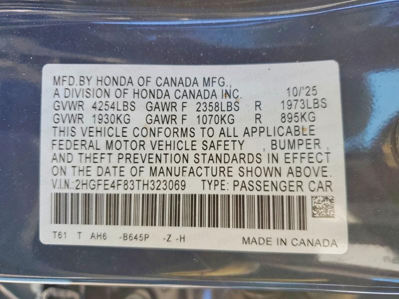 Aukcja sprzedaży 2026 Honda Civic, vin: 2HGFE4F83TH323069, numer aukcji: 75152355