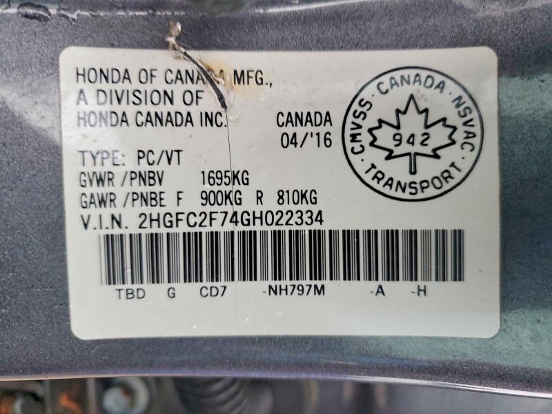 Aukcja sprzedaży 2016 Honda Civic, vin: 2HGFC2F74GH022334, numer aukcji: 77559975