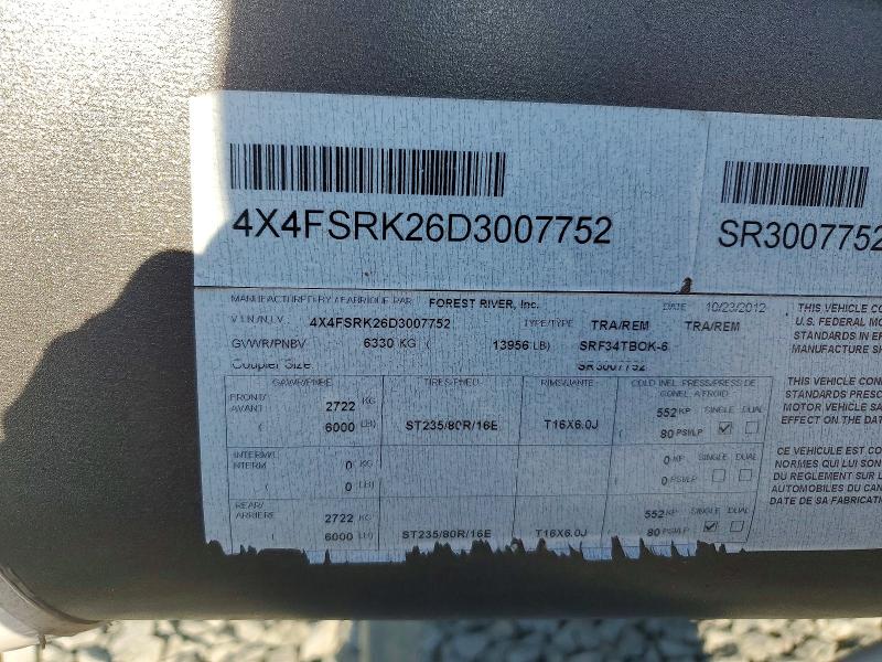 Продажа на аукционе авто 2013 Wildwood Sabre, vin: 4X4FSRK26D3007752, номер лота: 76718955
