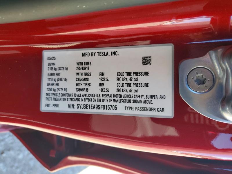 Продаж на аукціоні авто 2025 Tesla Model 3, vin: 5YJ3E1EA9SF015705, номер лоту: 78118165