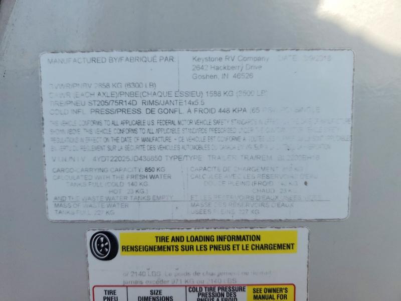 2018 Keystone Rv Bullet მანქანა იყიდება აუქციონზე, vin: 4YDT22025JD438850, აუქციონის ნომერი: 77653495