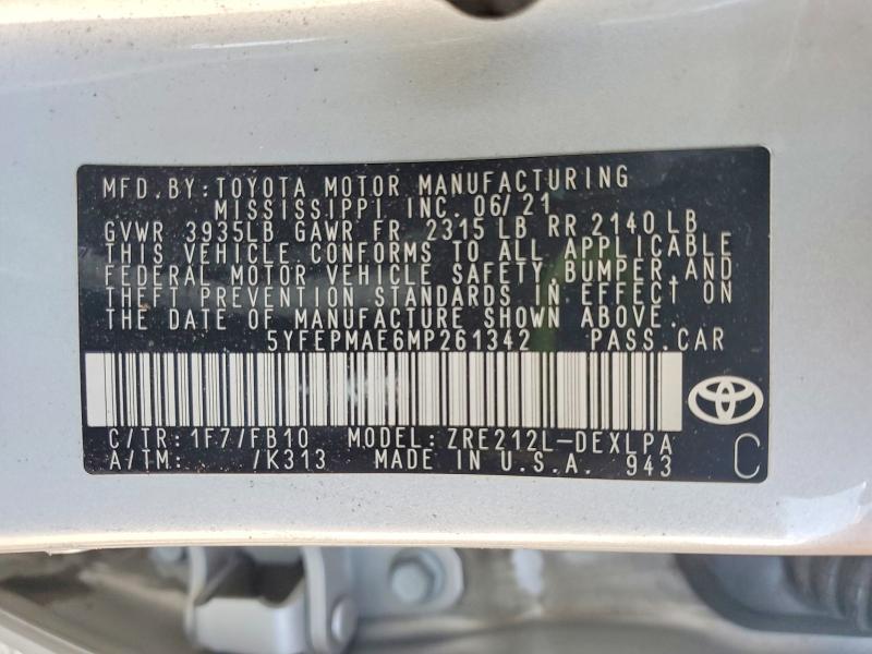 Aukcja sprzedaży 2021 Toyota Corolla, vin: 5YFEPMAE6MP261342, numer aukcji: 77177695