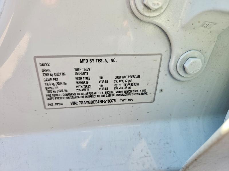 2022 Tesla Model Y მანქანა იყიდება აუქციონზე, vin: 7SAYGDEE4NF518375, აუქციონის ნომერი: 75443205