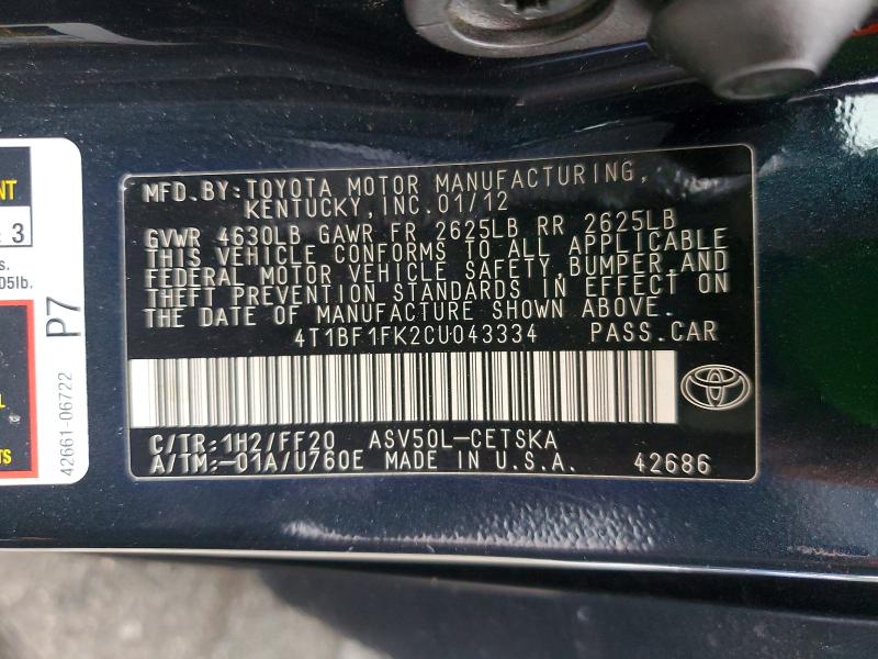 Aukcja sprzedaży 2012 Toyota Camry, vin: 4T1BF1FK2CU043334, numer aukcji: 76075825