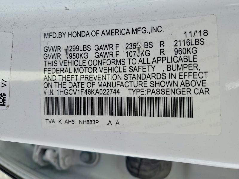 Aukcja sprzedaży 2019 Honda Accord, vin: 1HGCV1F46KA022744, numer aukcji: 76606995