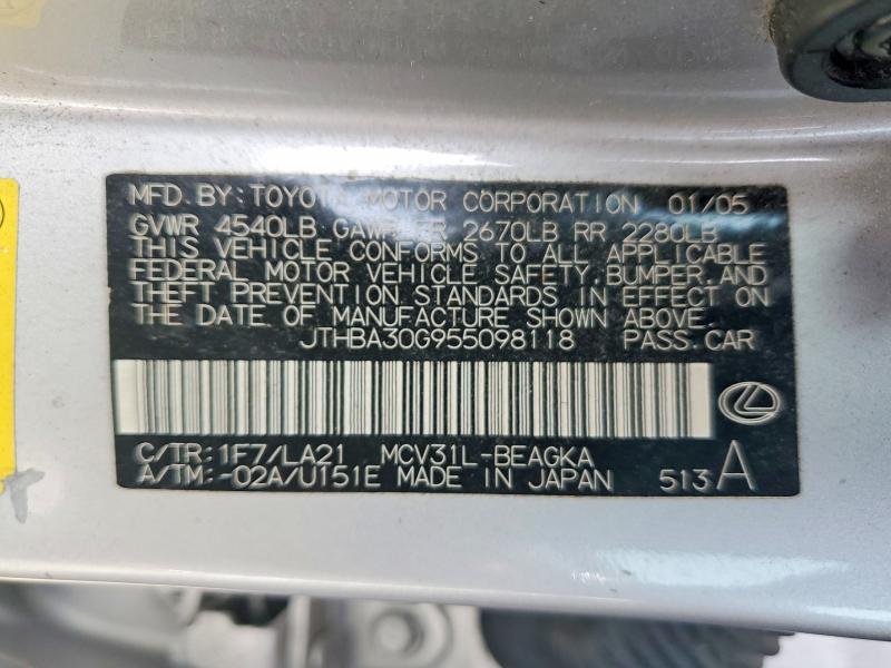 78495255 :رقم المزاد ، JTHBA30G955098118 vin ، 2005 Lexus Es 330 مزاد بيع