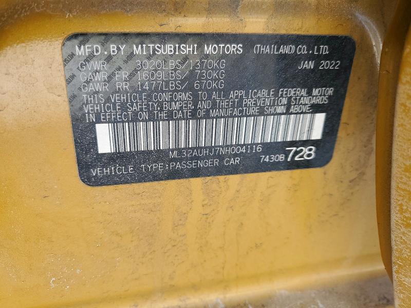 Продаж на аукціоні авто 2022 Mitsubishi Mirage, vin: ML32AUHJ7NH004116, номер лоту: 76602615