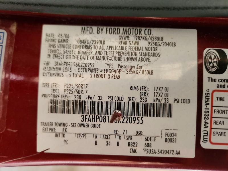 Продаж на аукціоні авто 2006 Ford Fusion, vin: 3FAHP08156R220955, номер лоту: 75948575
