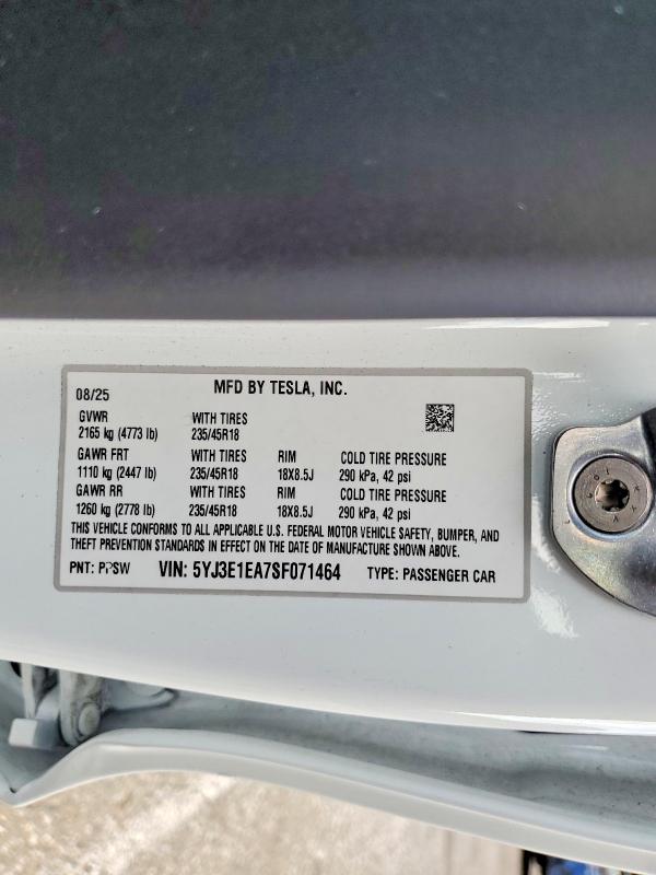 Продаж на аукціоні авто 2025 Tesla Model 3, vin: 5YJ3E1EA7SF071464, номер лоту: 76669285