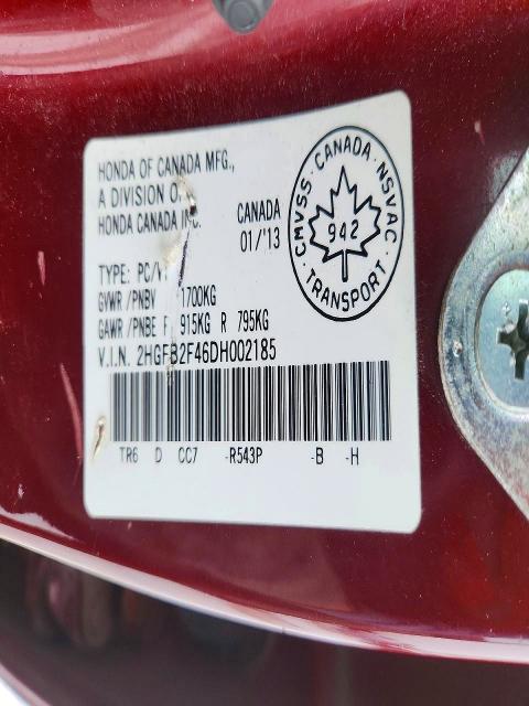 Продаж на аукціоні авто 2013 Honda Civic, vin: 2HGFB2F46DH002185, номер лоту: 74703415