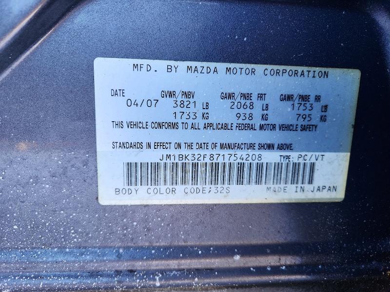 Продаж на аукціоні авто 2007 Mazda 3, vin: JM1BK32F871754208, номер лоту: 74957095