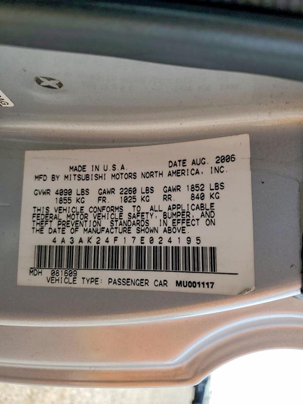 Aukcja sprzedaży 2007 Mitsubishi Eclipse, vin: 4A3AK24F17E024195, numer aukcji: 76670855