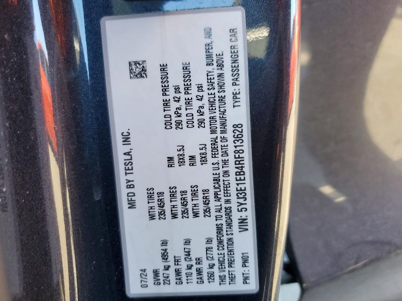 Aukcja sprzedaży 2024 Tesla Model 3, vin: 5YJ3E1EB4RF813628, numer aukcji: 77696885