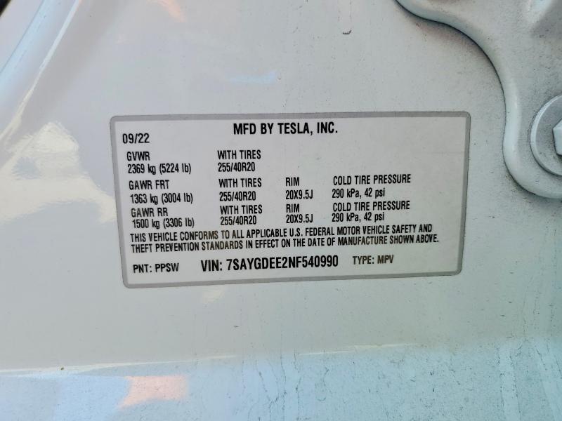 Aukcja sprzedaży 2022 Tesla Model Y, vin: 7SAYGDEE2NF540990, numer aukcji: 76997185