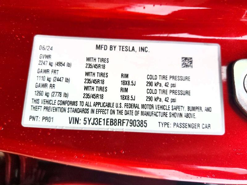 Продаж на аукціоні авто 2024 Tesla Model 3, vin: 5YJ3E1EB8RF790385, номер лоту: 77327585