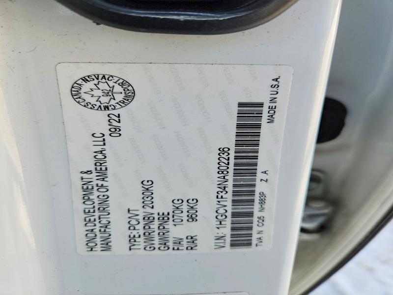 Продажа на аукционе авто 2022 Honda Accord, vin: 1HGCV1F34NA802236, номер лота: 75028335
