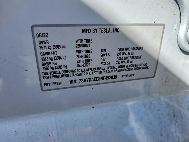 76213165 :رقم المزاد ، 7SAYGAEE3NF492835 vin ، 2022 Tesla Model Y مزاد بيع