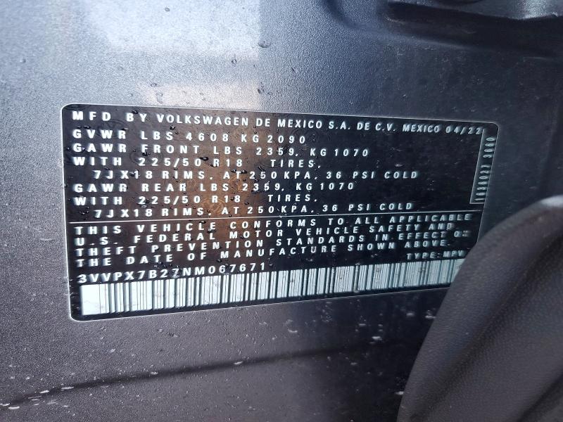 Aukcja sprzedaży 2022 Volkswagen Taos, vin: 3VVPX7B27NM067671, numer aukcji: 75946055