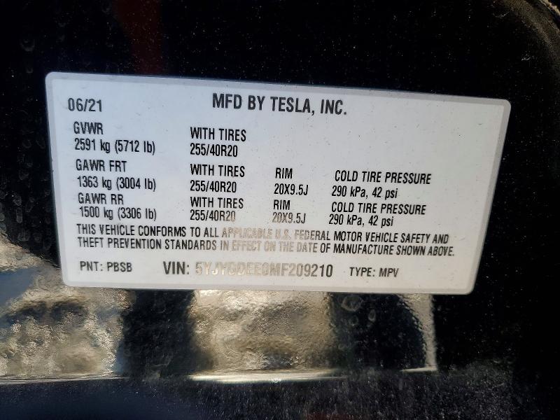 75536365 :رقم المزاد ، 5YJYGDEE0MF209210 vin ، 2021 Tesla Model Y مزاد بيع