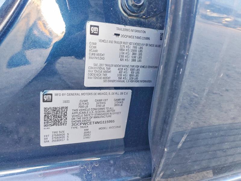 Продаж на аукціоні авто 2022 Chevrolet Silverado Ltd, vin: 3GCPWCET4NG115995, номер лоту: 75096555