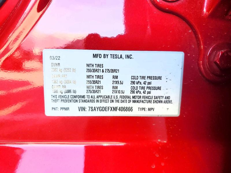 78633755 :رقم المزاد ، 7SAYGDEFXNF406866 vin ، 2022 Tesla Model Y مزاد بيع