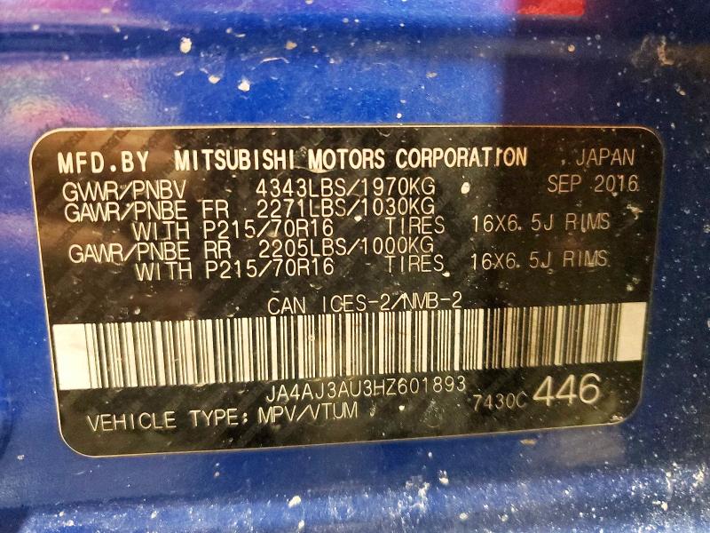 78297855 :رقم المزاد ، JA4AJ3AU3HZ601893 vin ، 2017 Mitsubishi Rvr مزاد بيع