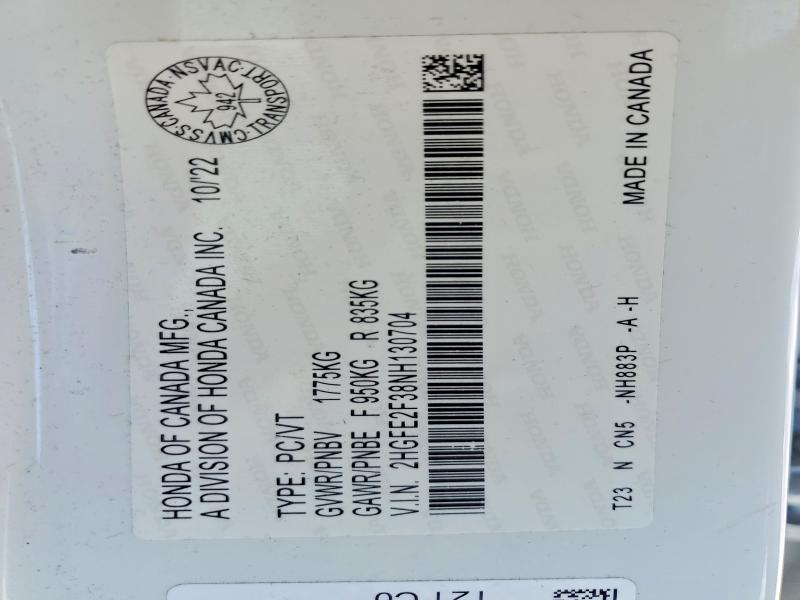77429835 :رقم المزاد ، 2HGFE2F38NH130704 vin ، 2022 Honda Civic مزاد بيع