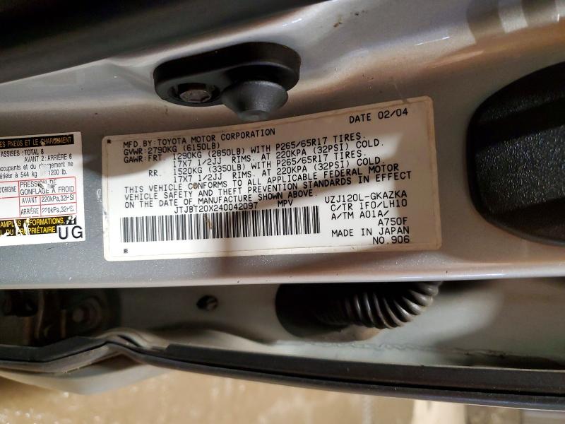 Aukcja sprzedaży 2004 Lexus Gx 470, vin: JTJBT20X240042097, numer aukcji: 77524965