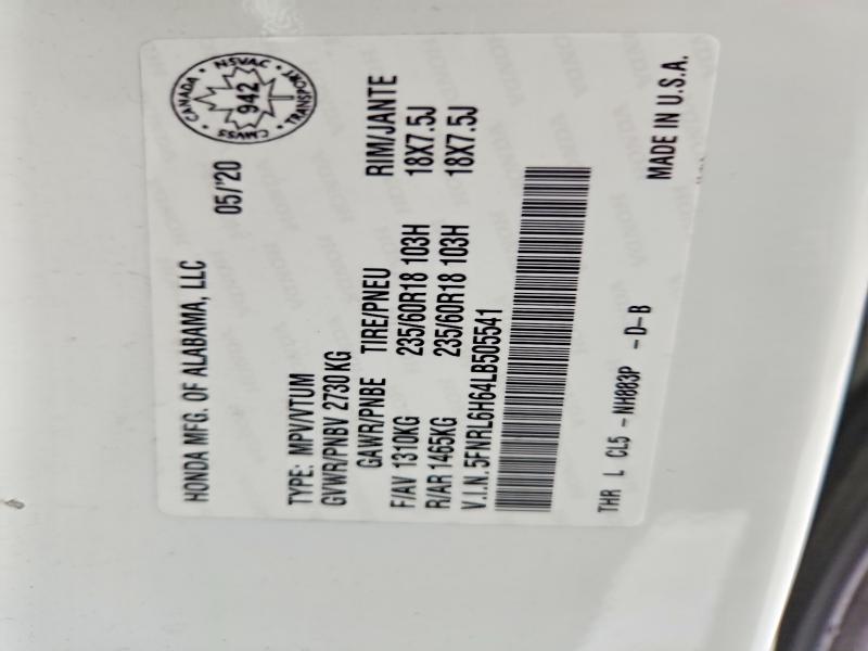 Продаж на аукціоні авто 2020 Honda Odyssey, vin: 5FNRL6H64LB505541, номер лоту: 99719475