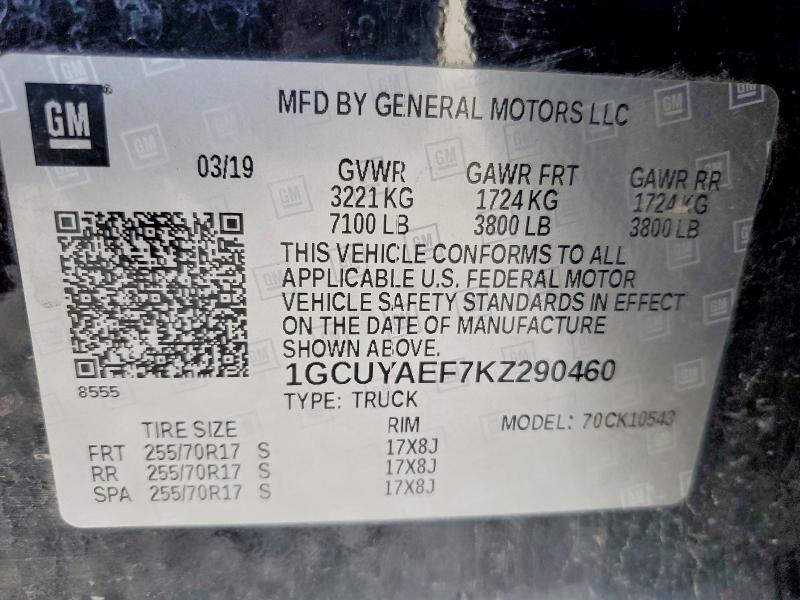 79184065 :رقم المزاد ، 1GCUYAEF7KZ290460 vin ، 2019 Chevrolet Silverado مزاد بيع