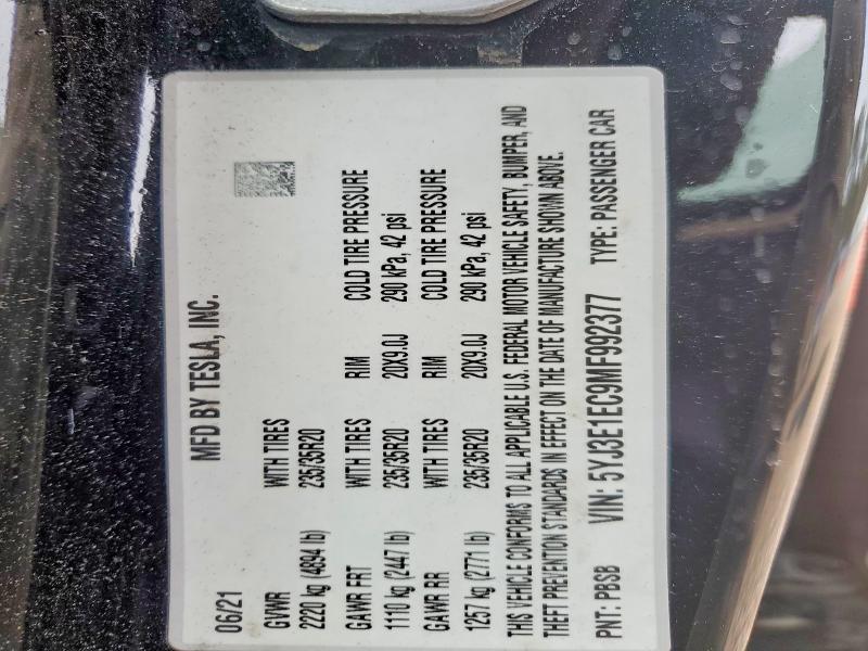 75872445 :رقم المزاد ، 5YJ3E1EC9MF992377 vin ، 2021 Tesla Model 3 مزاد بيع