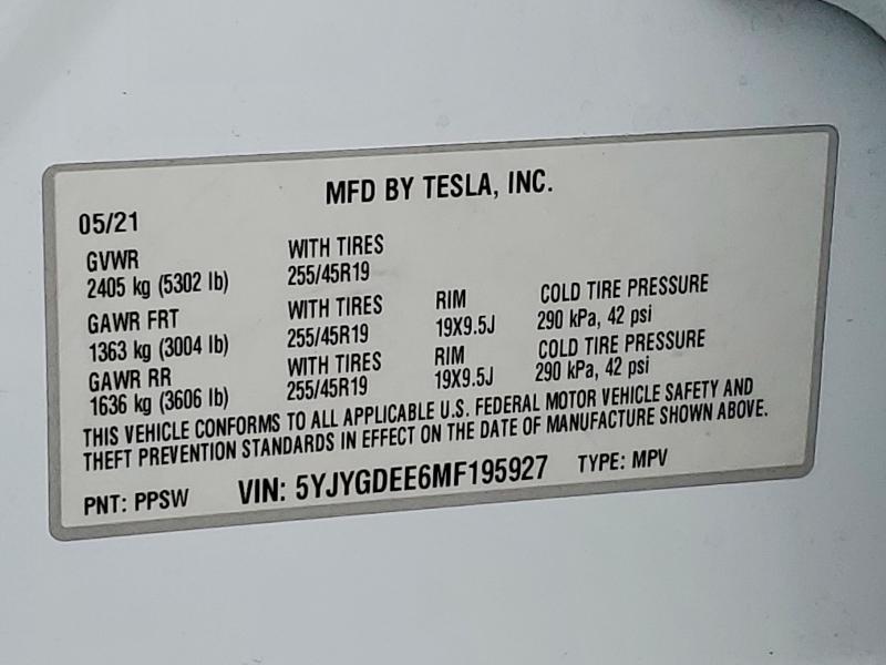 76821405 :رقم المزاد ، 5YJYGDEE6MF195927 vin ، 2021 Tesla Model Y مزاد بيع