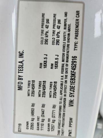 2019 Tesla Model 3 მანქანა იყიდება აუქციონზე, vin: 5YJ3E1EB3KF452916, აუქციონის ნომერი: 76555195