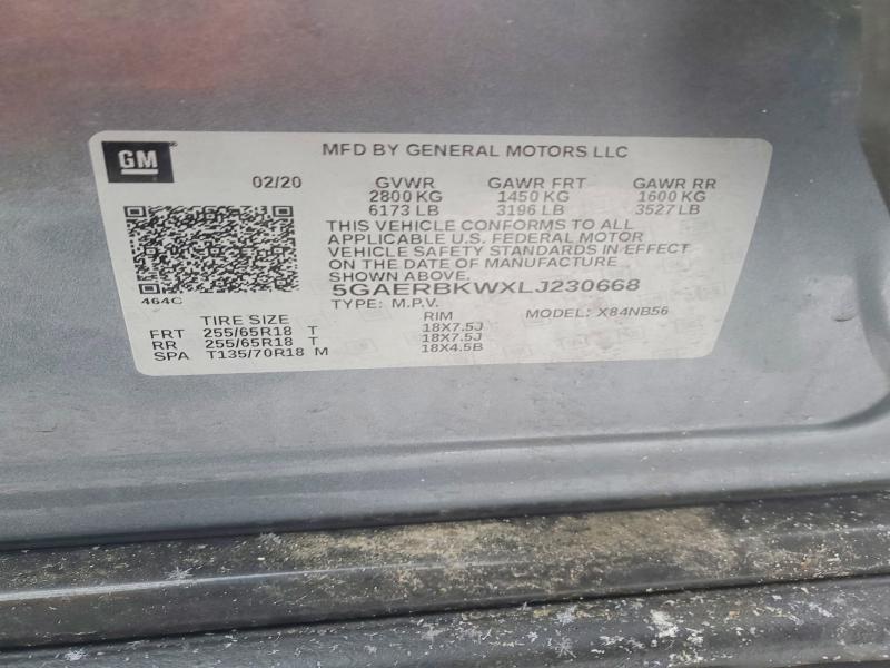 74747345 :رقم المزاد ، 5GAERBKWXLJ230668 vin ، 2020 Buick Enclave مزاد بيع