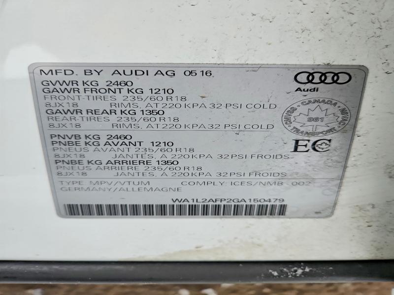 2016 Audi Q5 მანქანა იყიდება აუქციონზე, vin: WA1L2AFP2GA150479, აუქციონის ნომერი: 76651085