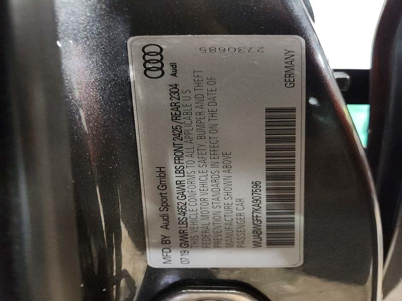 2019 Audi Rs3 მანქანა იყიდება აუქციონზე, vin: WUABWGFF7KA907596, აუქციონის ნომერი: 76868945
