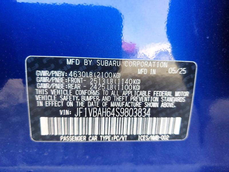 77423715 :رقم المزاد ، JF1VBAH64S9803834 vin ، 2025 Subaru Wrx مزاد بيع
