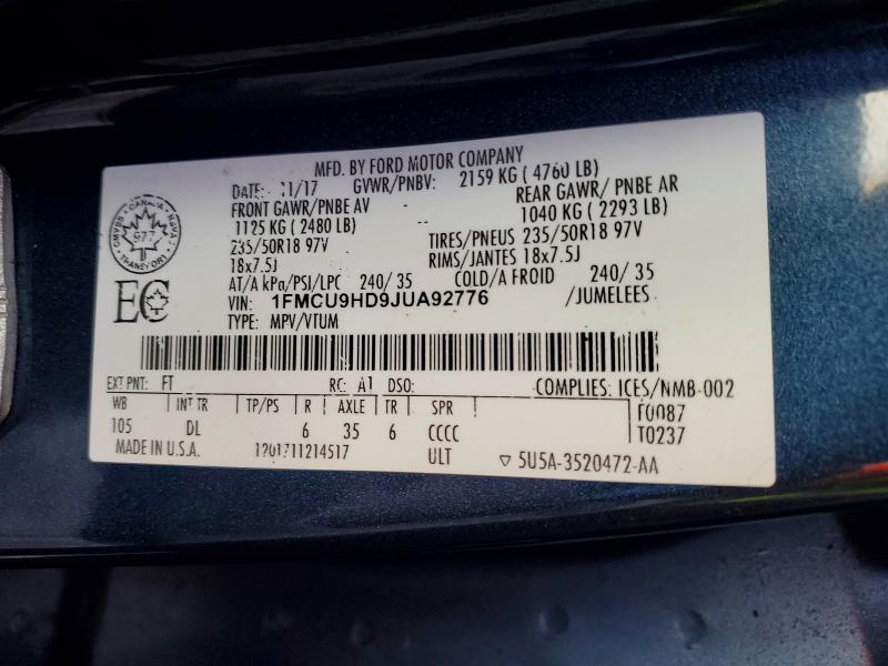 Aukcja sprzedaży 2018 Ford Escape, vin: 1FMCU9HD9JUA92776, numer aukcji: 78988045