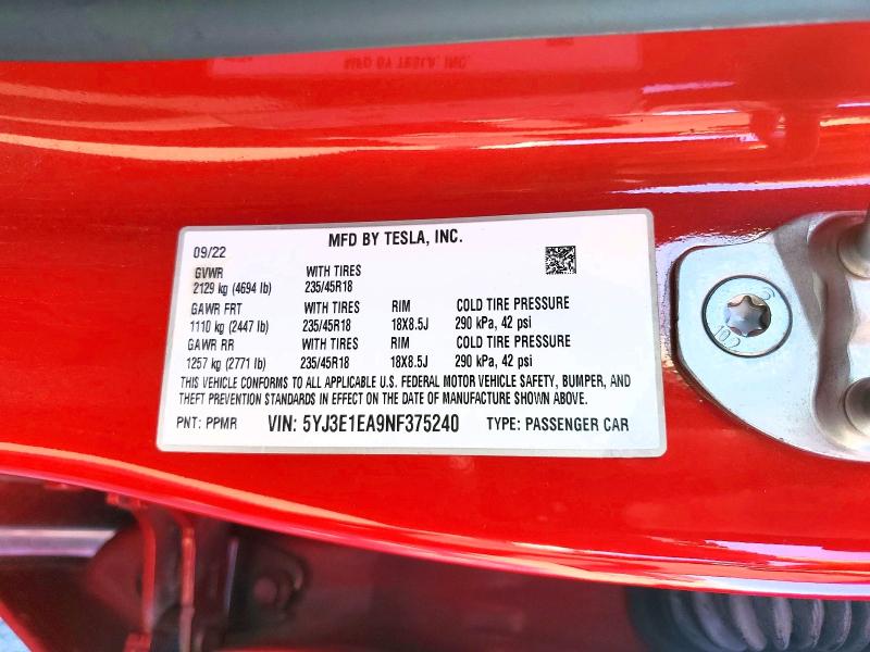 Aukcja sprzedaży 2022 Tesla Model 3, vin: 5YJ3E1EA9NF375240, numer aukcji: 77279015
