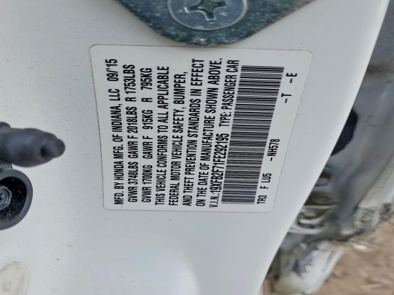 2015 Honda Civic მანქანა იყიდება აუქციონზე, vin: 19XFB2F71FE292195, აუქციონის ნომერი: 75855455