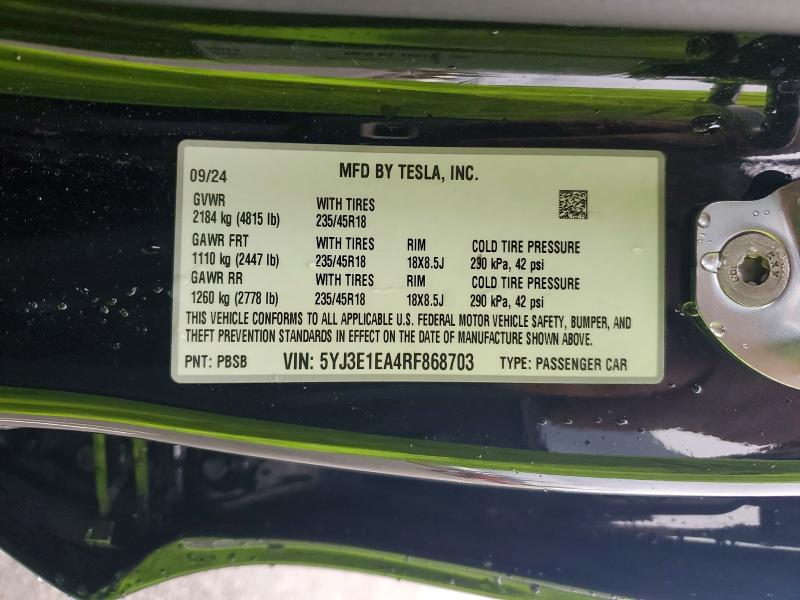 77518455 :رقم المزاد ، 5YJ3E1EA4RF868703 vin ، 2024 Tesla Model 3 مزاد بيع