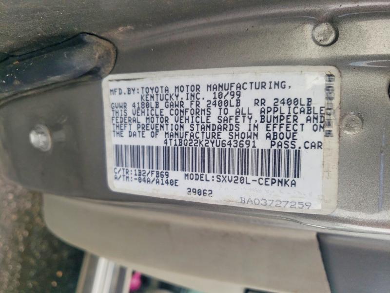 Продаж на аукціоні авто 2000 Toyota Camry, vin: 4T1BG22K2YU643691, номер лоту: 76945085
