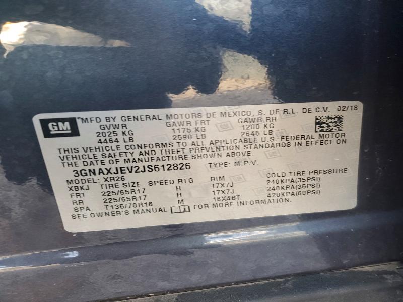 75738885 :رقم المزاد ، 3GNAXJEV2JS612826 vin ، 2018 Chevrolet Equinox مزاد بيع