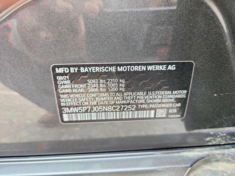 2022 Bmw 330e მანქანა იყიდება აუქციონზე, vin: 3MW5P7J05N8C27252, აუქციონის ნომერი: 77758525