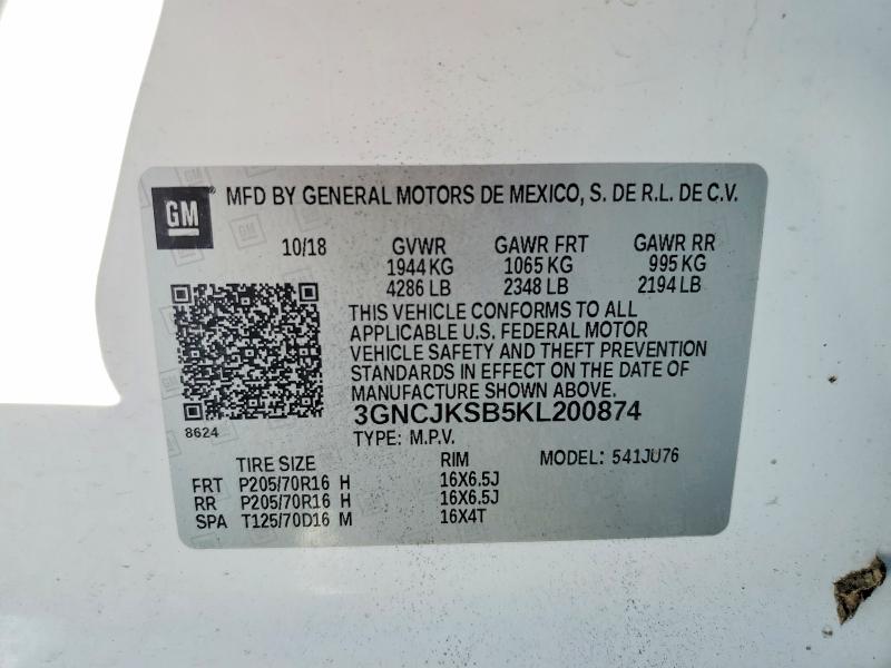 2019 Chevrolet Trax მანქანა იყიდება აუქციონზე, vin: 3GNCJKSB5KL200874, აუქციონის ნომერი: 78057835