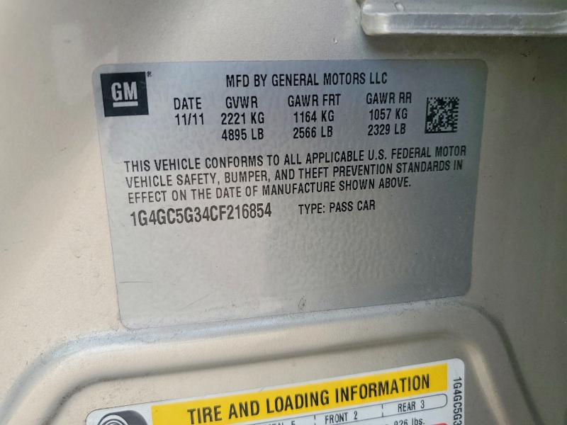 78825175 :رقم المزاد ، 1G4GC5G34CF216854 vin ، 2012 Buick Lacrosse مزاد بيع