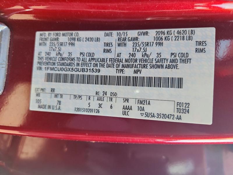 2016 Ford Escape მანქანა იყიდება აუქციონზე, vin: 1FMCU0GX5GUB31539, აუქციონის ნომერი: 76168015