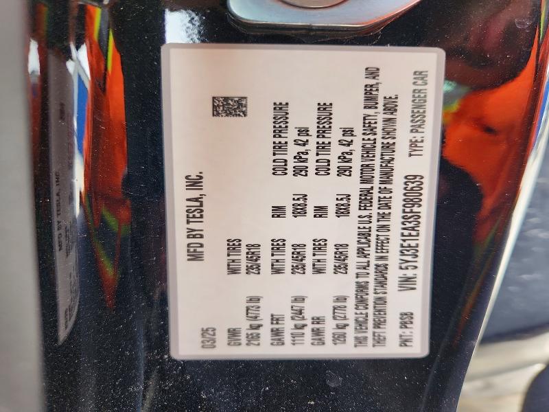 78324045 :رقم المزاد ، 5YJ3E1EA3SF980639 vin ، 2025 Tesla Model 3 مزاد بيع